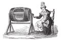 Woman using barrel churn for making butter vintage engraving