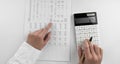 Woman using a calculator and points her finger at the numbers in the financial documents. Financial,business and money concept