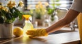 a woman using cleaning gloves, spray bottle and a yellow cloth to clean a kitchen countertop