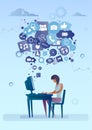 Woman Using Computer With Chat Bubble Of Social Media Icons Network Communication Concept Royalty Free Stock Photo