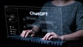 Woman using a computer chatting with an intelligent artificial intelligence asks for the answers he wants. ChatGPT Chat with AI or