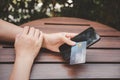 woman using credit card and smartphone during slide screen for finding product Royalty Free Stock Photo