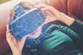 Woman Using 3-D glasses in virtual reality glasses or headset Royalty Free Stock Photo