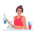 Woman using dental irrigator, oral hygiene tool. Dental health concept. Cleaning teeth. Vector illustration