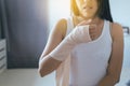 Woman using elastic bandage with hand,Female putting bandage on his injured hands Royalty Free Stock Photo