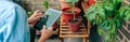 Woman using gardening app with artificial intelligence to care plants of urban garden on terrace