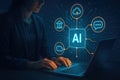 Woman using laptop with AI interface and cloud, chat, bank, and download icons artificial intelligence Royalty Free Stock Photo