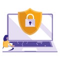 Woman using laptop computer with shield Royalty Free Stock Photo