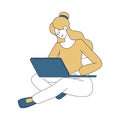 Woman using laptop contour color illustration. Pretty girl sitting in lotus position with notebook, typing message