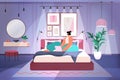 woman using laptop in dark night bedroom social media network online communication concept