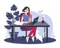 Woman using laptop flat vector illustration. Working from home, remote job.