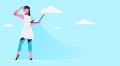 Woman using laptop happy girl wearing fashion clothes standing pose female cartoon character full length flat blue sky