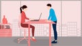 Woman using laptop and man is standing near the table, business concept vector character illustration on flat building background Royalty Free Stock Photo