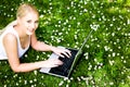 Woman using laptop outdoors Royalty Free Stock Photo