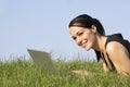 Woman Using Laptop Outdoors In Summer Countryside