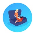 Woman using laptop sofa relax concept round frame flat isolated Royalty Free Stock Photo