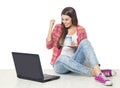 Woman Using Laptop, Success on Notebook, Happy Girl Computer Royalty Free Stock Photo