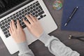 Woman using laptop at table, top view. Office workplace Royalty Free Stock Photo