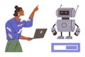 Woman Using Laptop to Program Robot with Progress Bar Highlighting Development Process Royalty Free Stock Photo