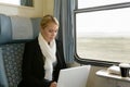 Woman using laptop traveling by train commuter