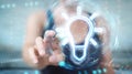Woman using lightbulb neon digital interface 3D rendering