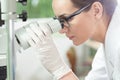Woman using microscope in laboratory Royalty Free Stock Photo