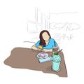 Woman using mobile phone with cake cand cool drinks on table in coffee shop vector illustration sketch doodle hand drawn with