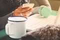 Woman using mobile phone and laptop on workspace desk. Technology lifestyle concept Royalty Free Stock Photo