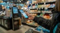 Woman using mobile smart phone in a grocery store. Shopping concept Royalty Free Stock Photo