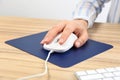 Woman using modern wired optical mouse at table, closeup Royalty Free Stock Photo