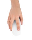 Woman using modern wireless optical mouse on white, top view Royalty Free Stock Photo