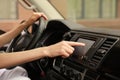 Woman using navigation system while driving car Royalty Free Stock Photo