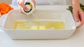 Woman using olive oil spray on a white ceramic baking dish. Cooking process, baked veggies Royalty Free Stock Photo