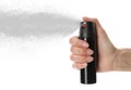Woman using pepper spray on white background, closeup Royalty Free Stock Photo