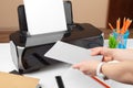 Woman using the printer to scanning and printing document