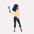 Woman using selfie stick african american girl taking photo on smartphone camera social media network blogging concept Royalty Free Stock Photo