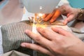 A girl sewing machine for bed sheets do it herself Royalty Free Stock Photo