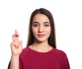 Woman using sign language on white Royalty Free Stock Photo