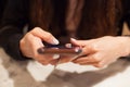 Woman using smart mobile phone on the table, Shopping and Communicating with digital technology. Modern Trend, Lifestyle, Business Royalty Free Stock Photo