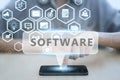 Woman using smart phone pressing button software icon.