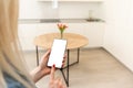Woman using smartohone in smart house, empty screen Royalty Free Stock Photo