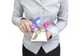 Woman using smartphone finger touching screen color app icons Royalty Free Stock Photo