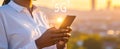 Woman using smartphone with 5G network system outdoors, closeup. Royalty Free Stock Photo