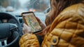 Woman Using Smartphone GPS Map in Car During Winter