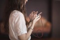 Woman using smartphone with powerbank Royalty Free Stock Photo