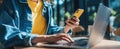 The woman using a smartphone while working on her laptop in a cafe..AI generated image Royalty Free Stock Photo