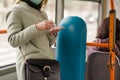 Woman using, spplying hand sanitizer gel