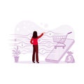 Woman using a tablet or cellphone with a shopping cart icon on the screen. Online payment. Digital Shopping concept. Royalty Free Stock Photo