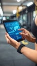 Woman using tablet in gym, examining data graphs and information Royalty Free Stock Photo