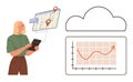 Woman Using Tablet for Navigation and Data Analysis with Cloud Storage and Growth Chart Visualization Royalty Free Stock Photo